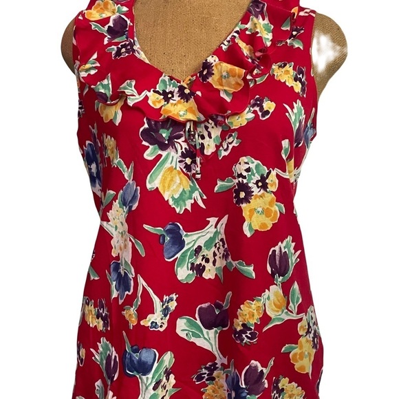 Chaps Tops - Chaps multi color Floral print Sleeveless Top ruffle neck trim size XL